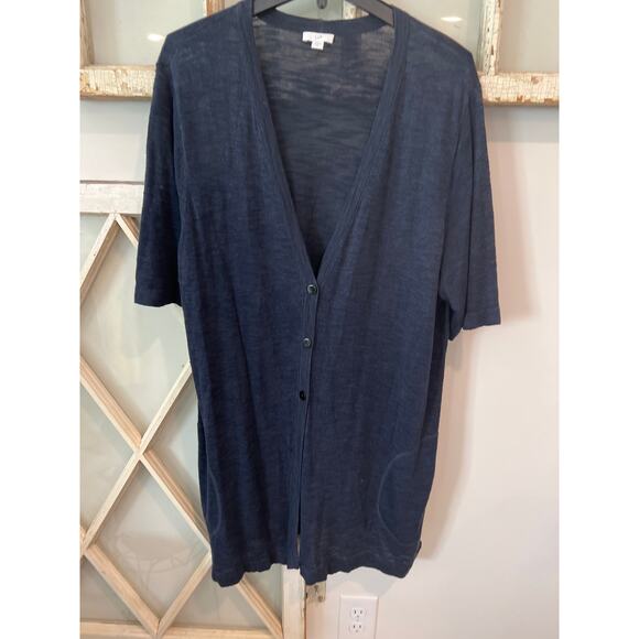 J.Jill size XL navy blue short sleeve linen & viscose cardigan sweater - Picture 1 of 3
